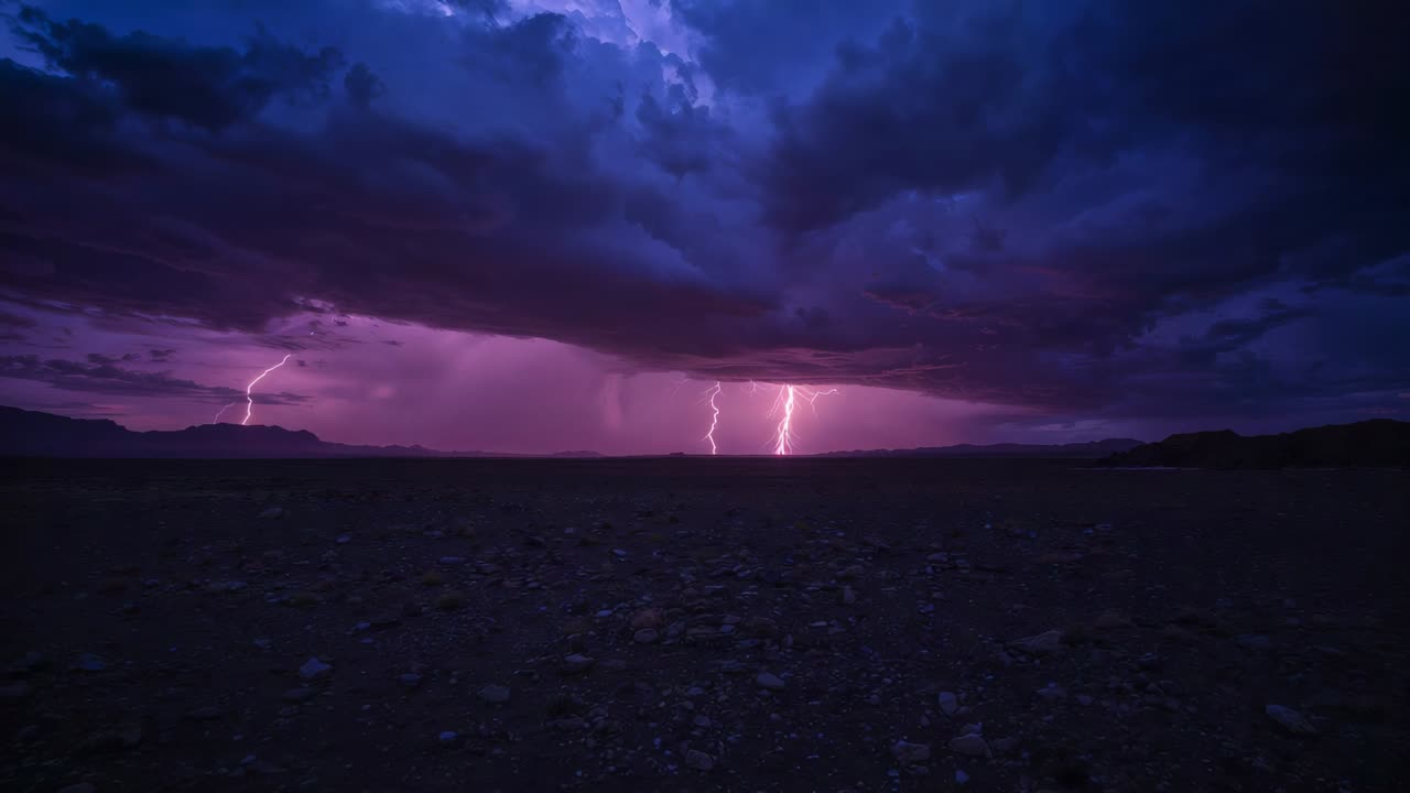 Flashing storm producing lightning after faint purple glow, lighting rocky plain and rain curtain