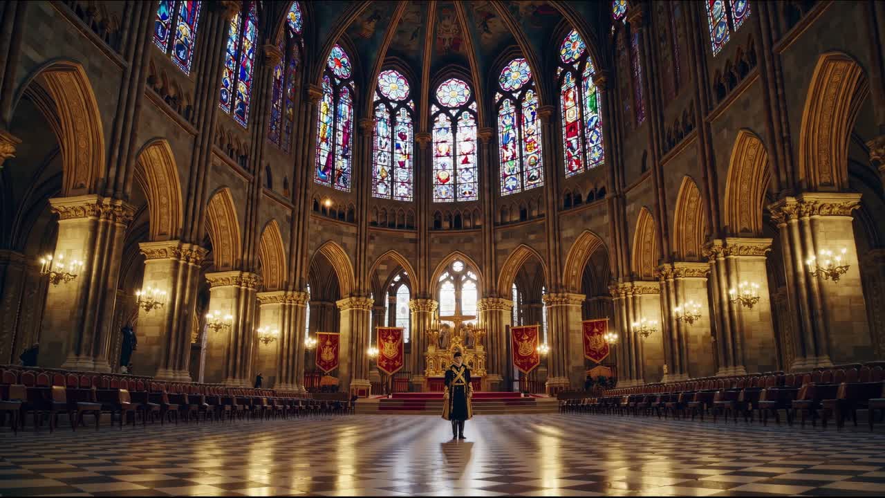 스테인드 글래스 창문 이 있는 대성당 내부