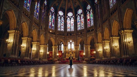 grand cathedral interior with stained glass windows