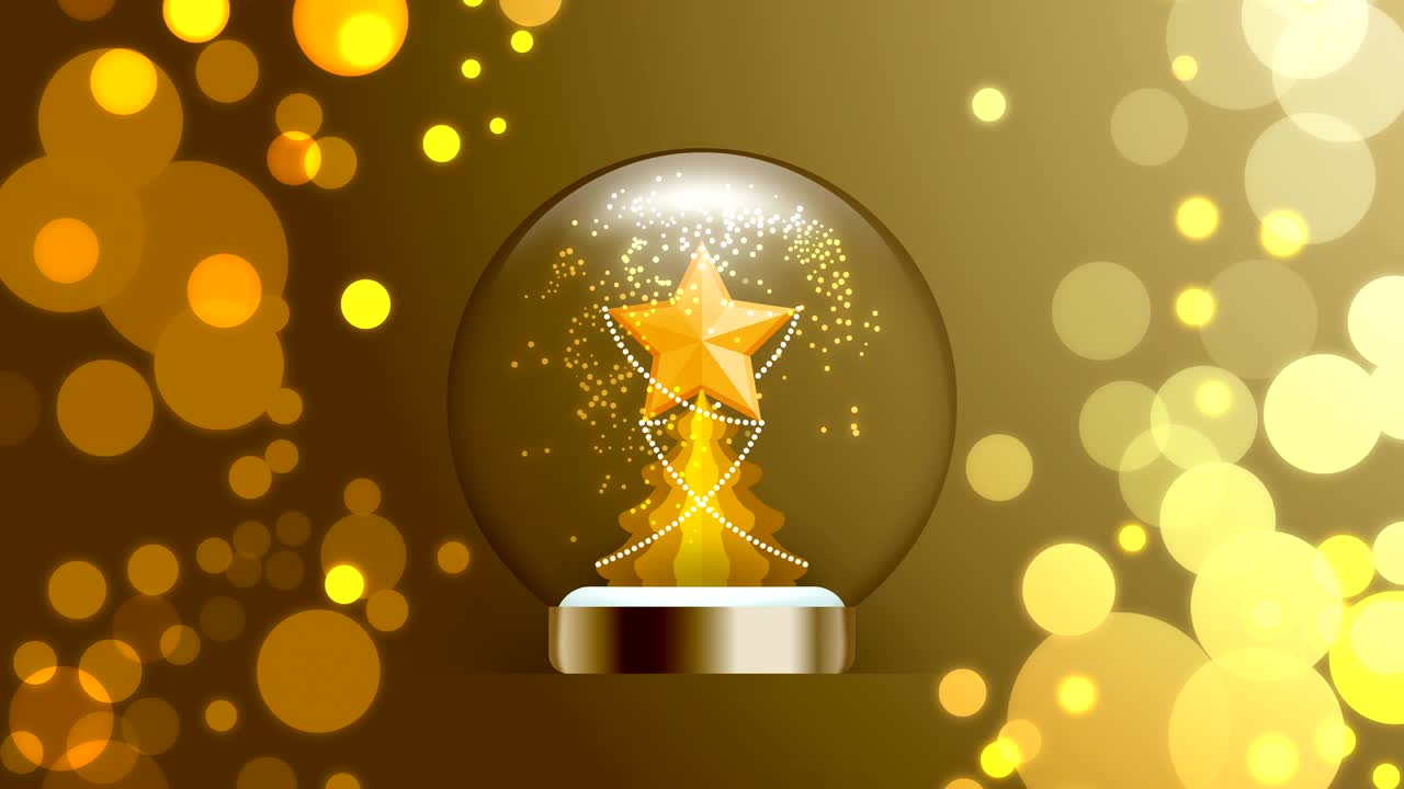 기념품 스노우볼 유리 글리터 내부에는 모양과 크리스마스 트리와 함께 황금 색상에 보케 빛 일러스트레이션, 복사 공간과 함께 4k 배경 애니메이션이 있습니다.
