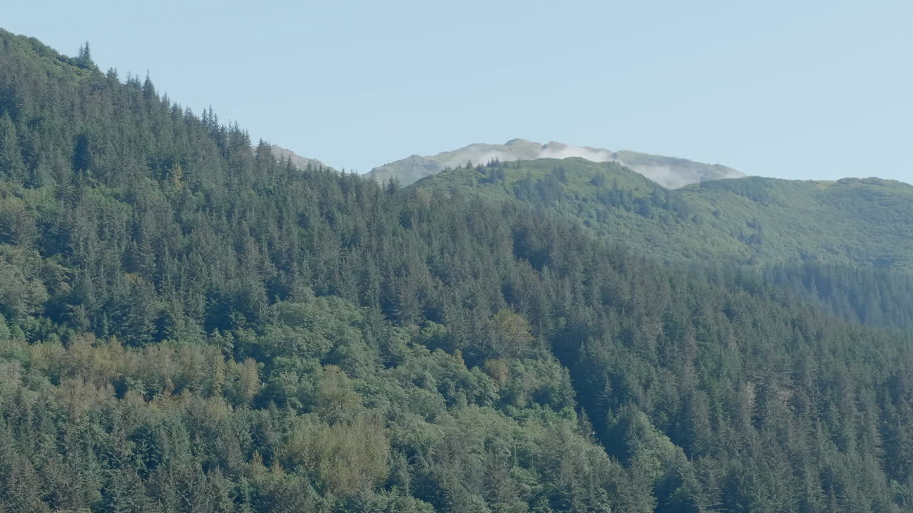 Dolly across forest covered mountains with some snow near Juneau, Alaska.