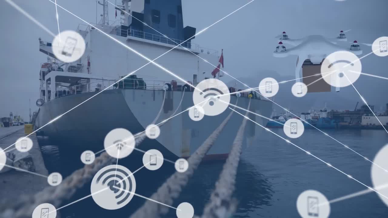 드론을 통한 연결 네트워크의 애니메이션과 항구를 통한 패 ⁇