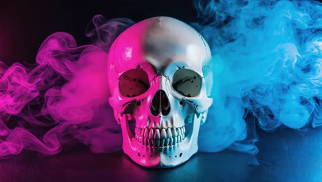 skull with pink and blue smoke