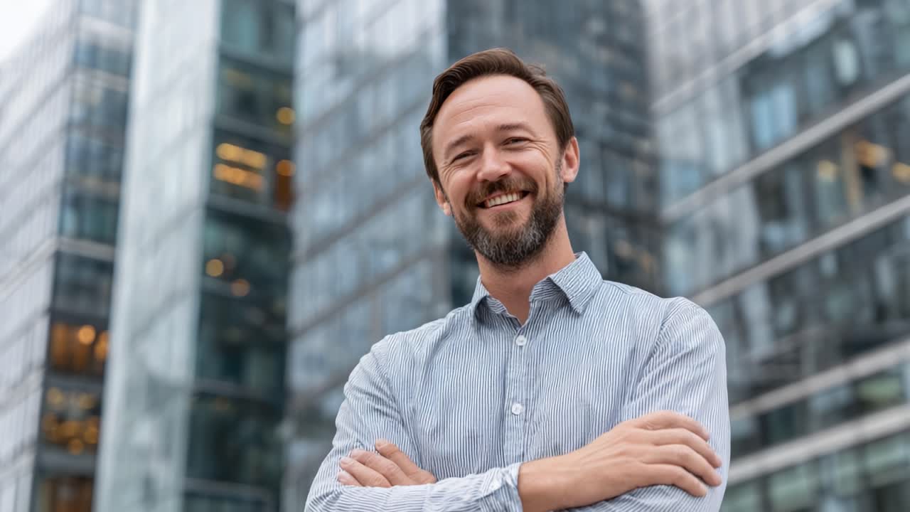 Cheerful Professional Man Smiling Confidently in Front of Modern Glass Buildings, Radiating Positivity and Approachability Amid a Contemporary Urban Environment
