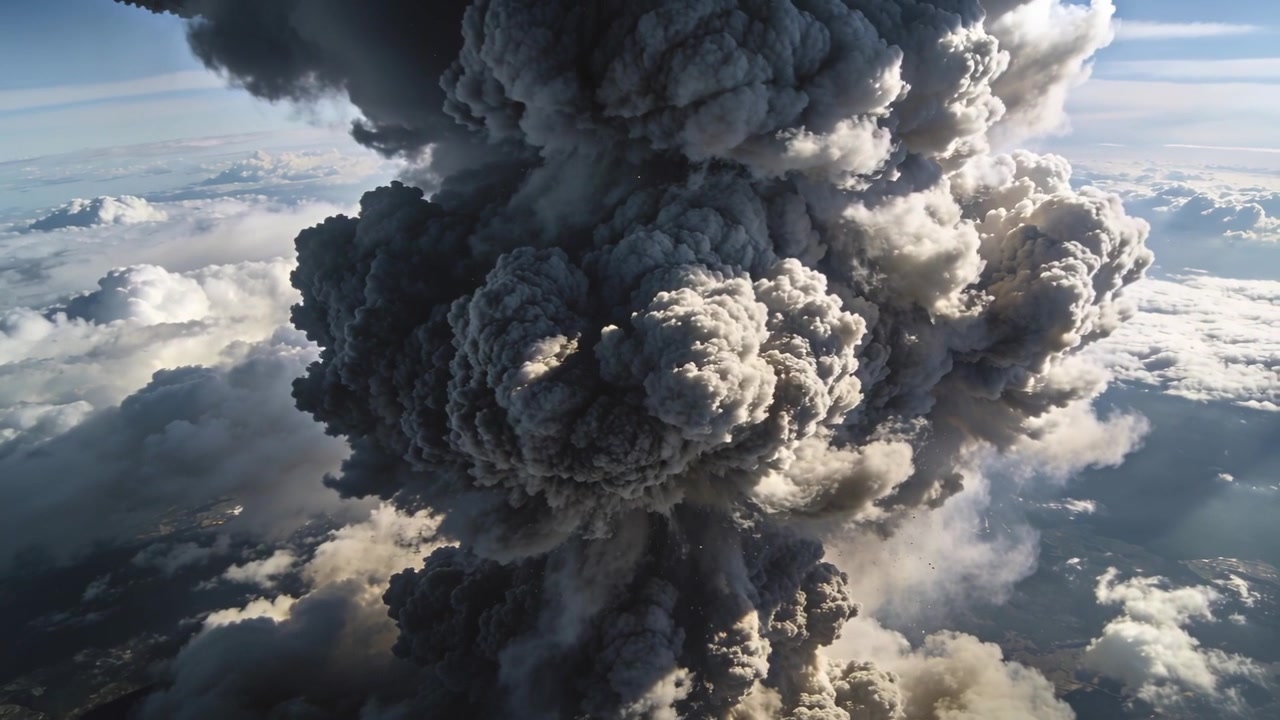 Volcan en éruption éjectant un dense panache de cendres à travers la couche nuageuse, la lumière du soleil sculptant des lobes et des ombres.