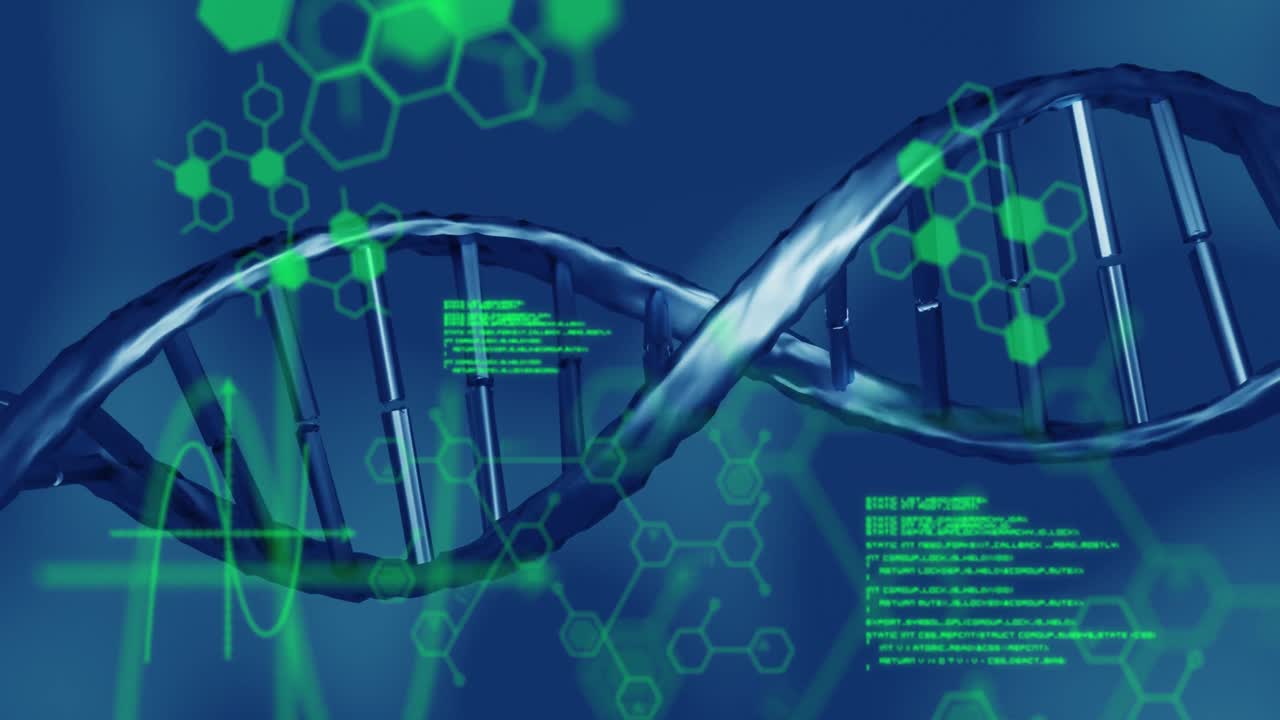 Medical data processing over dna structure spinning against blue background
