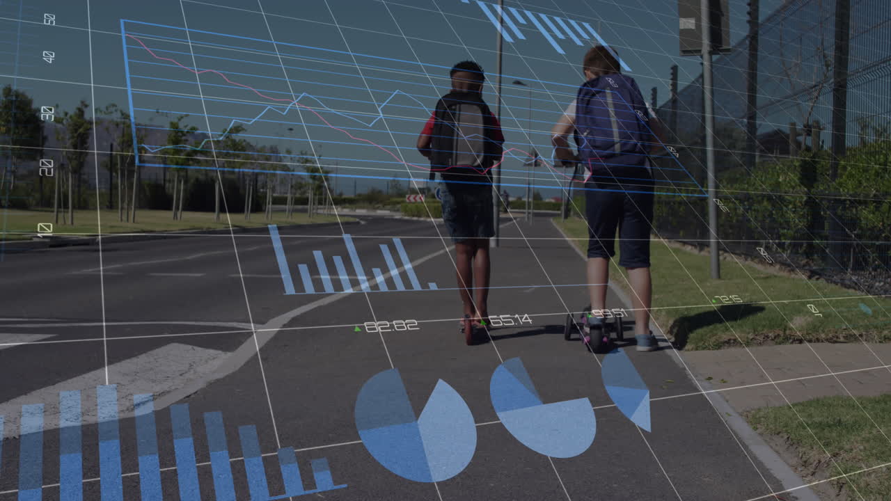 스쿠터를 타는 다양한 학교 소년들의 금융 데이터 처리의 애니메이션