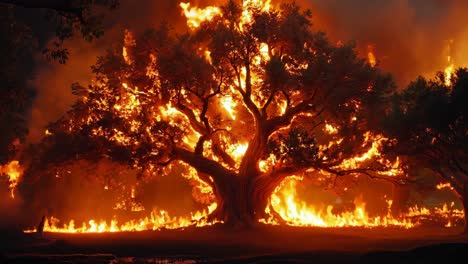 a large tree is engulfed by flames in the middle of a forest