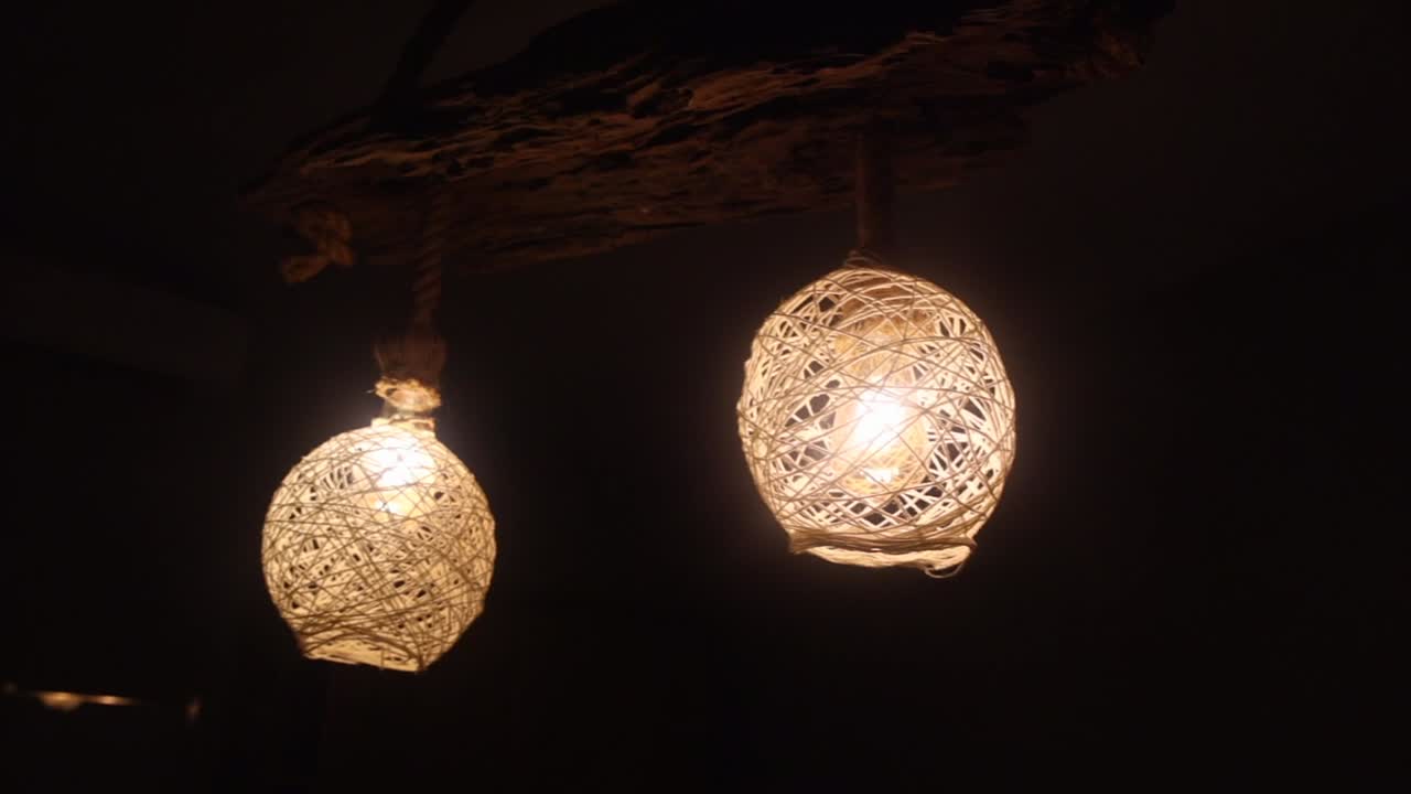 Natural rope or wicker rattan lamp light hanging, stylish material decoration