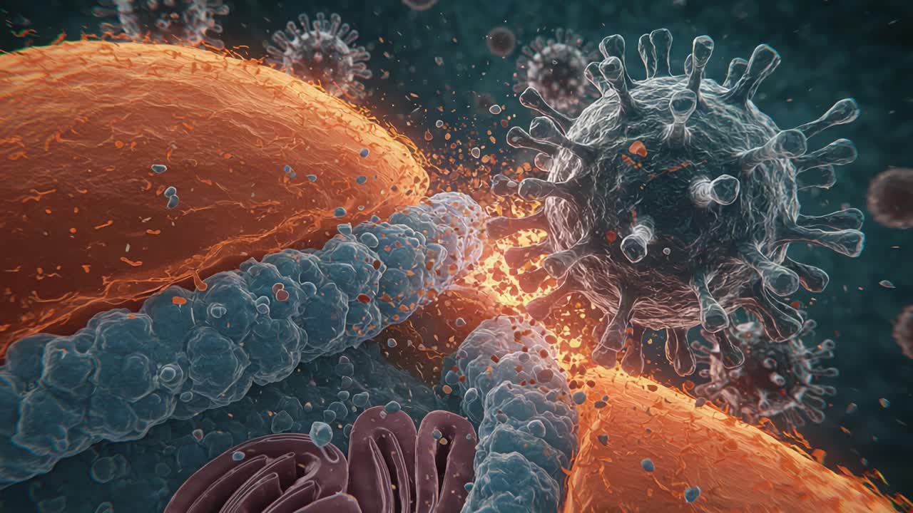 Detailed Visualization of Viral Interaction with Cellular Structures, Illustrating the Intricate Mechanisms of Infection and Response at the Microscopic Level