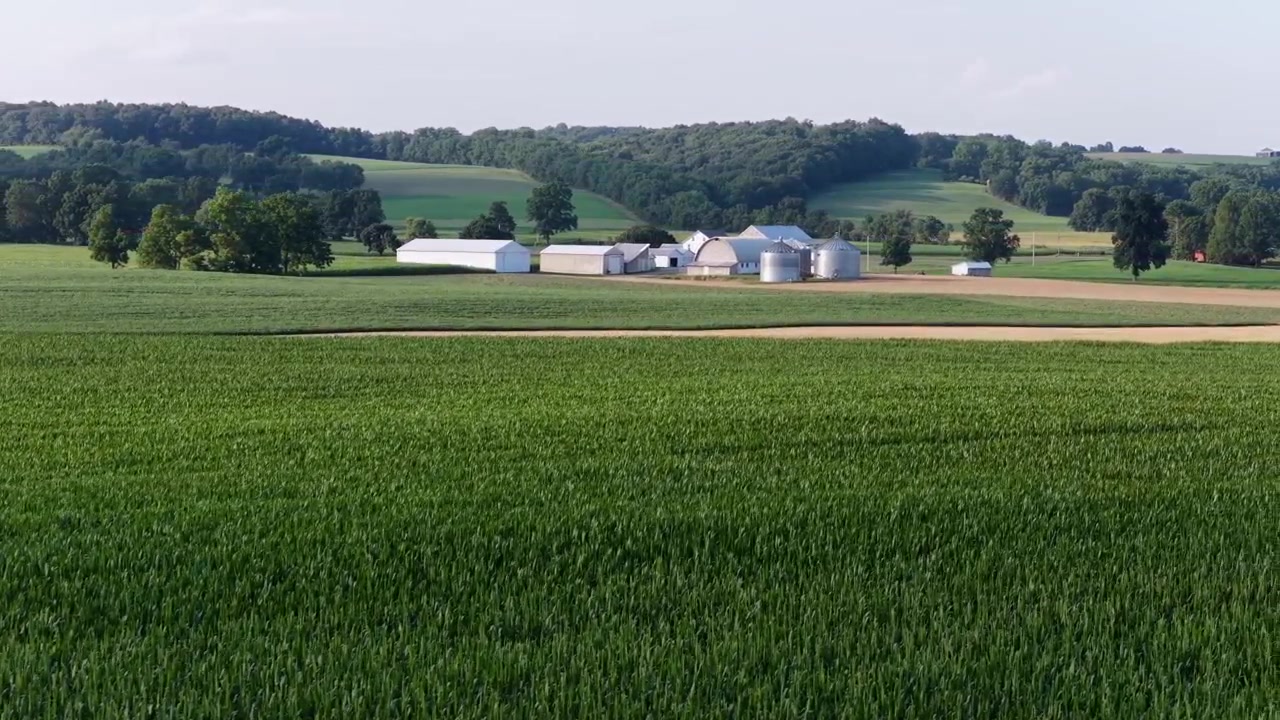 Metalsiloer og hvide landbrugsbygninger samlet blandt bølgende grønne bakker, et bredt grønt afgrødefelt strækker sig mod en skovklædt bjergryg i Maxatawny, Pennsylvania, USA. Luftfoto med drone, vidvinkel.