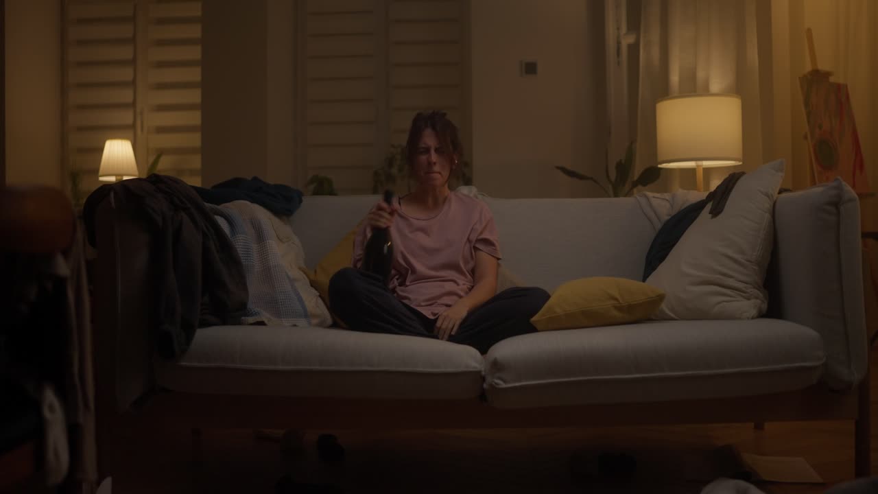 Woman Drinking Alone on the Sofa