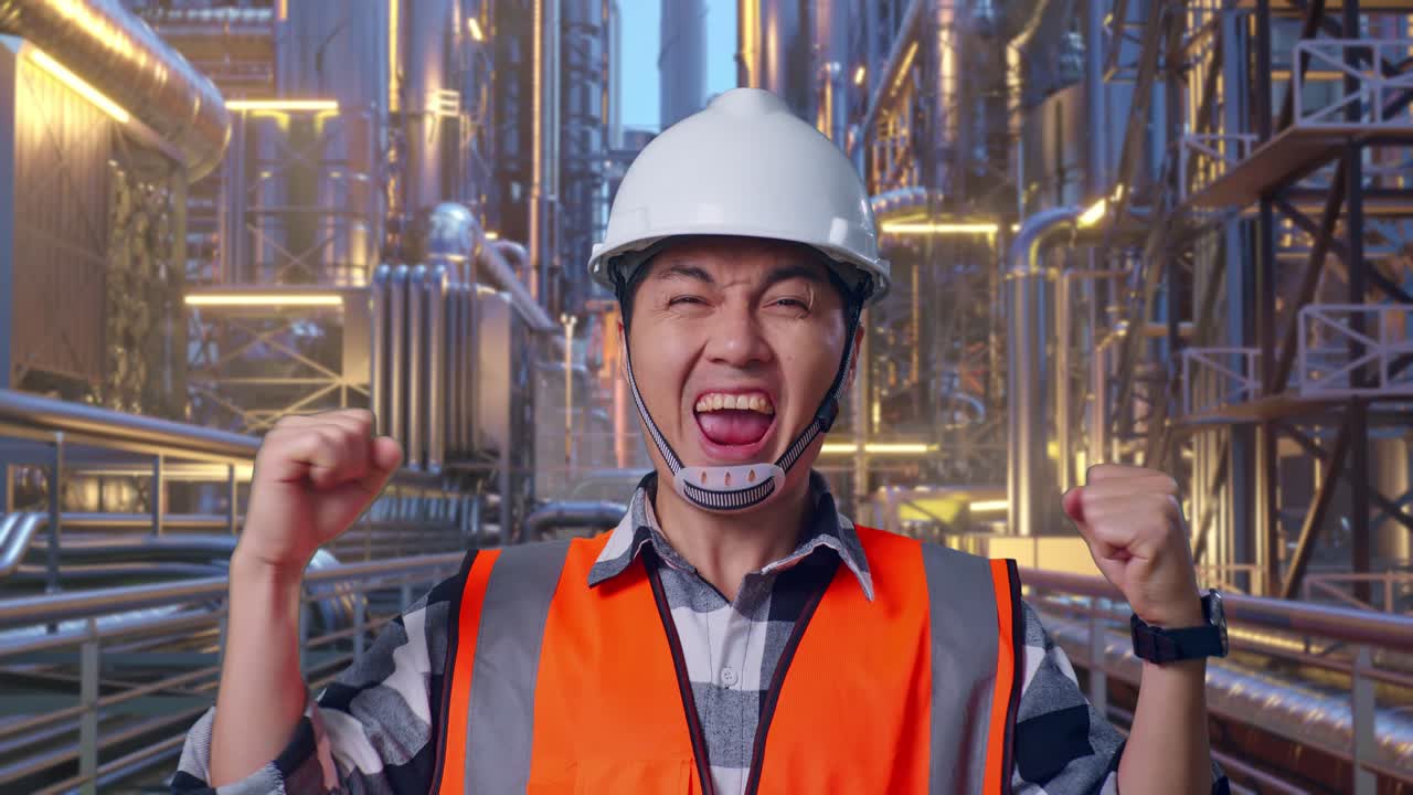 Close Up Of Asian Male Engineer With Safety Helmet Screaming Goal Celebrating Working At A Vast Oil Refinery