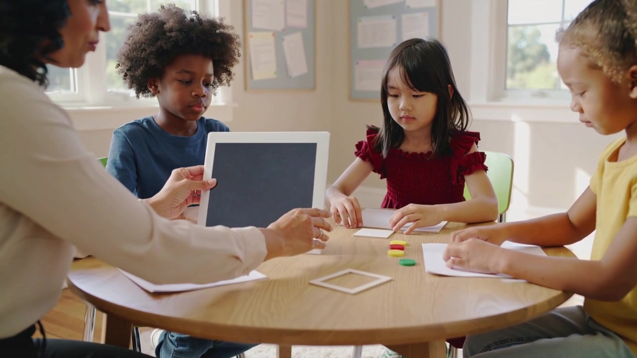 Placing supplies teacher guiding 3 kids folding paper, moving counters at school table with tablet