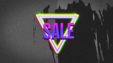 animación de retro venta texto púrpura sobre triángulo de neón en fondo gris angustiado