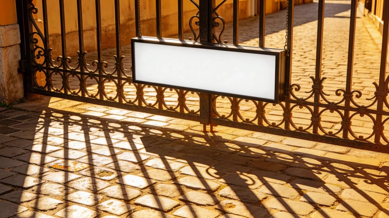 Sunlight shifting wrought-iron gate casting shadows across cobblestone path, blank sign glowing