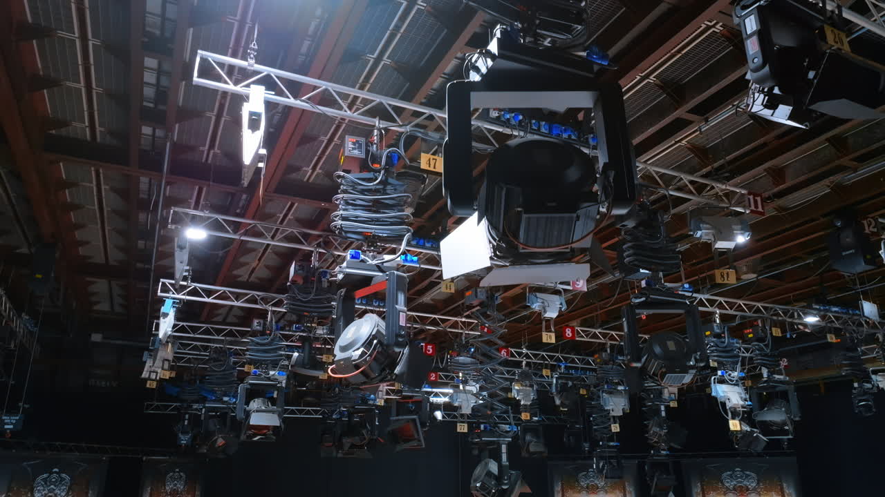 Studio lights equipment on the ceiling of a TV set
