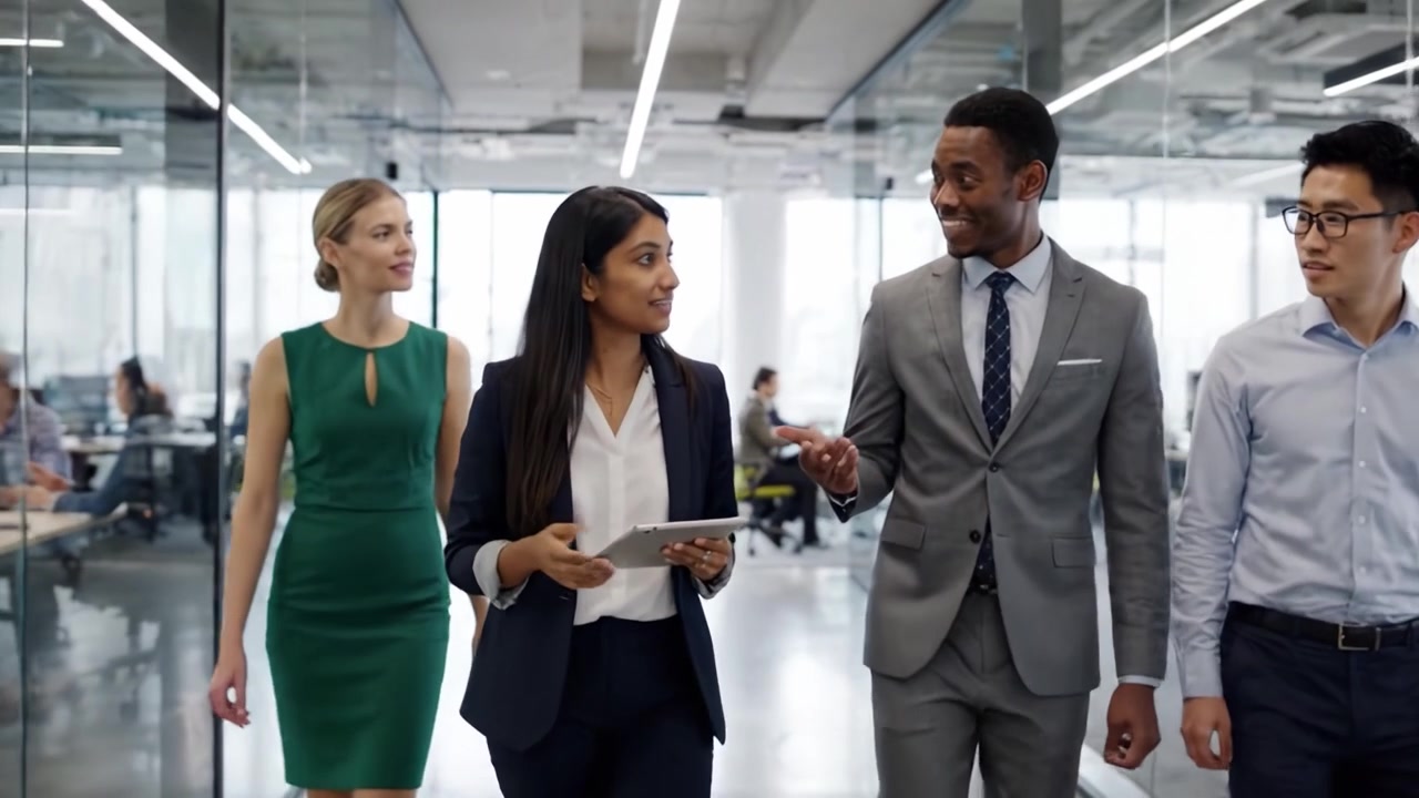 A Diverse Group of Professionals Engaging in a Collaborative Dialogue While Walking Through a Modern Office Space with Transparent Walls and Contemporary Design