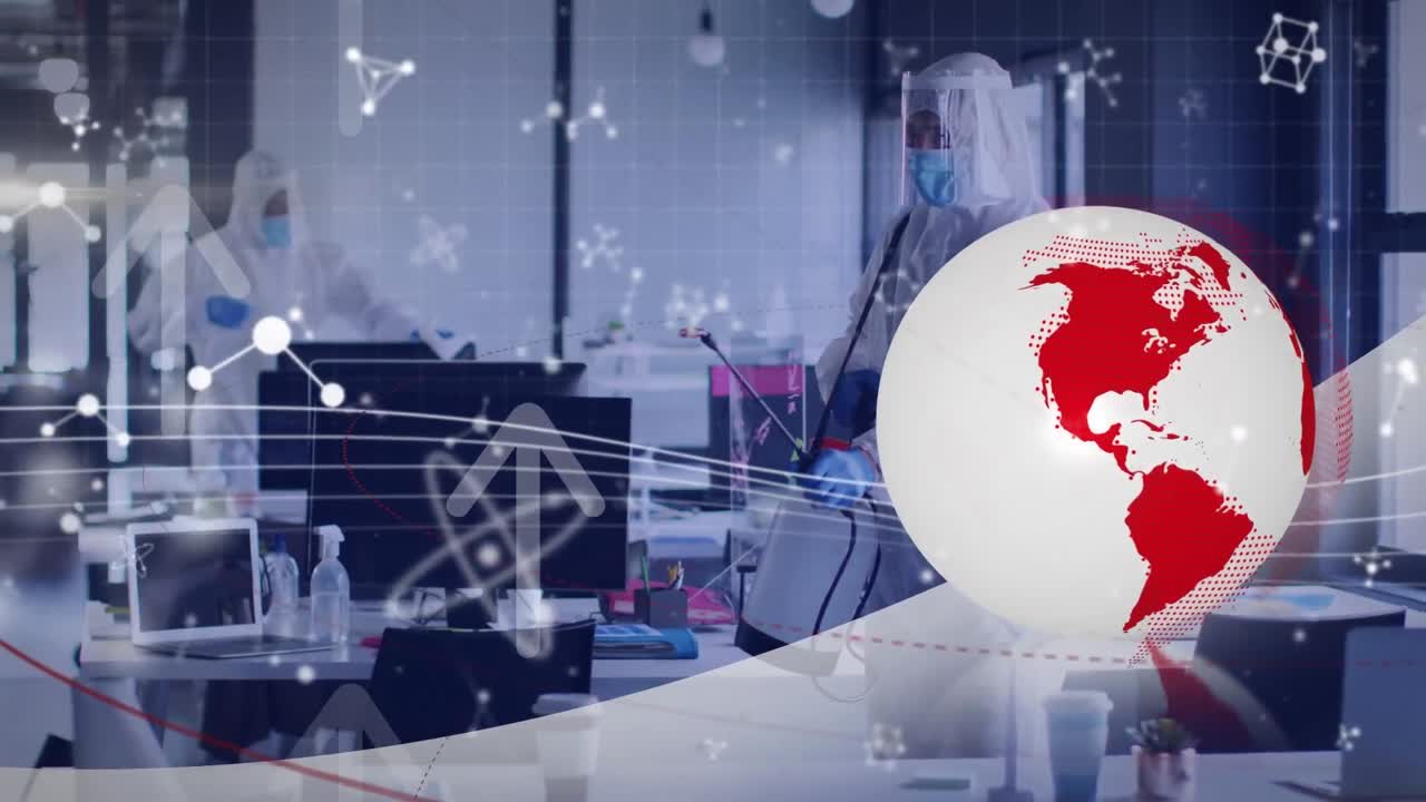 анимация молекул и глобуса над кавказскими работниками в защитных костюмах дезинфекции офиса