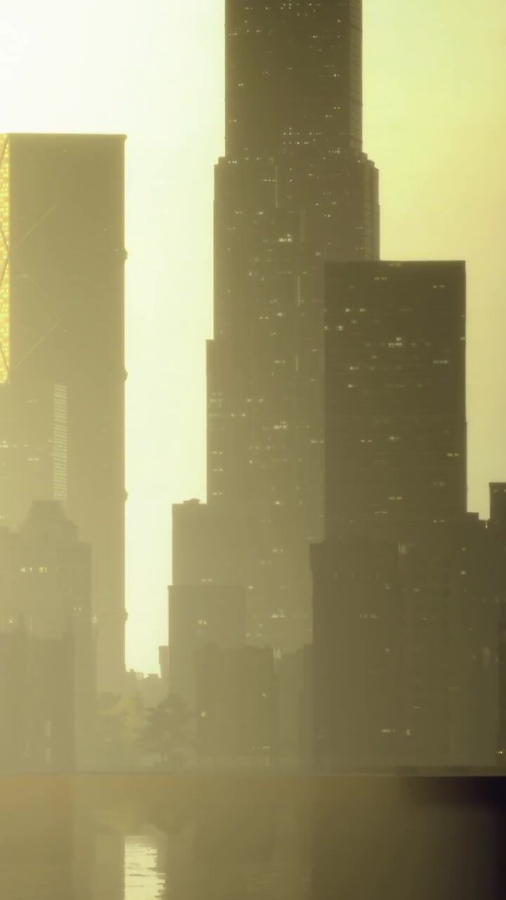 Horizonte da cidade ao pôr do sol com edifícios altos e luz suave ao fundo