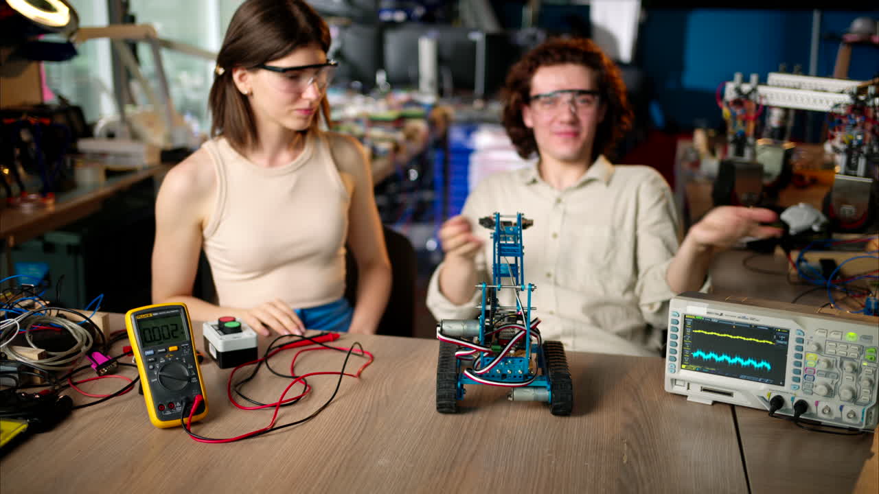 Two young happy engineers fixing a mechanical robot car in the workshop, using VR virtual reality headsets, computer programming