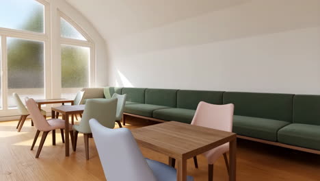 bright and modern lounge area with green sofa and pastel chairs