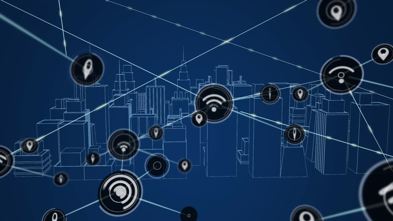 animación de la red de conexiones sobre el paisaje urbano del metaverso sobre un fondo azul oscuro