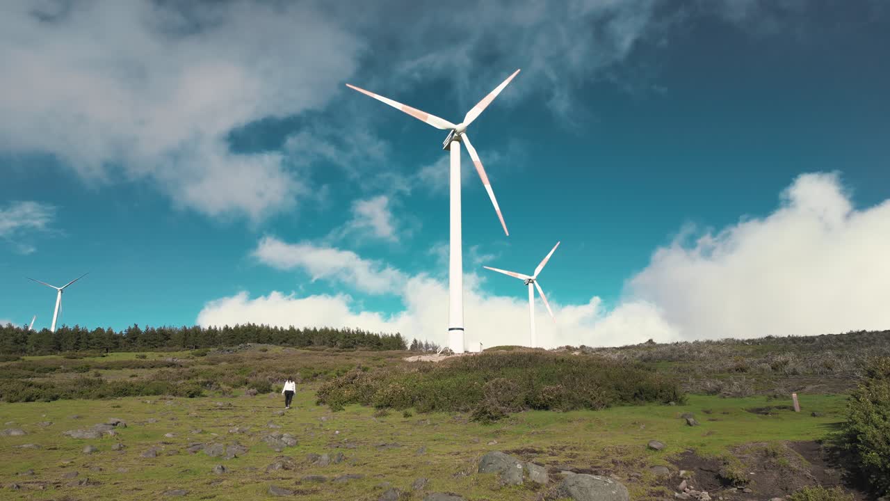 Woman walking near the wind turbines in Fanal, Madeira island, Portugal