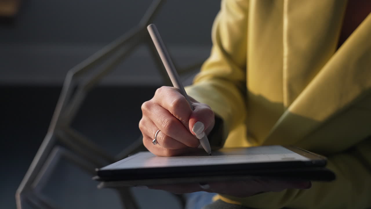 Young woman writing or drawing on a digital tablet notebook sitting on a chair in a yellow blazer, close up
