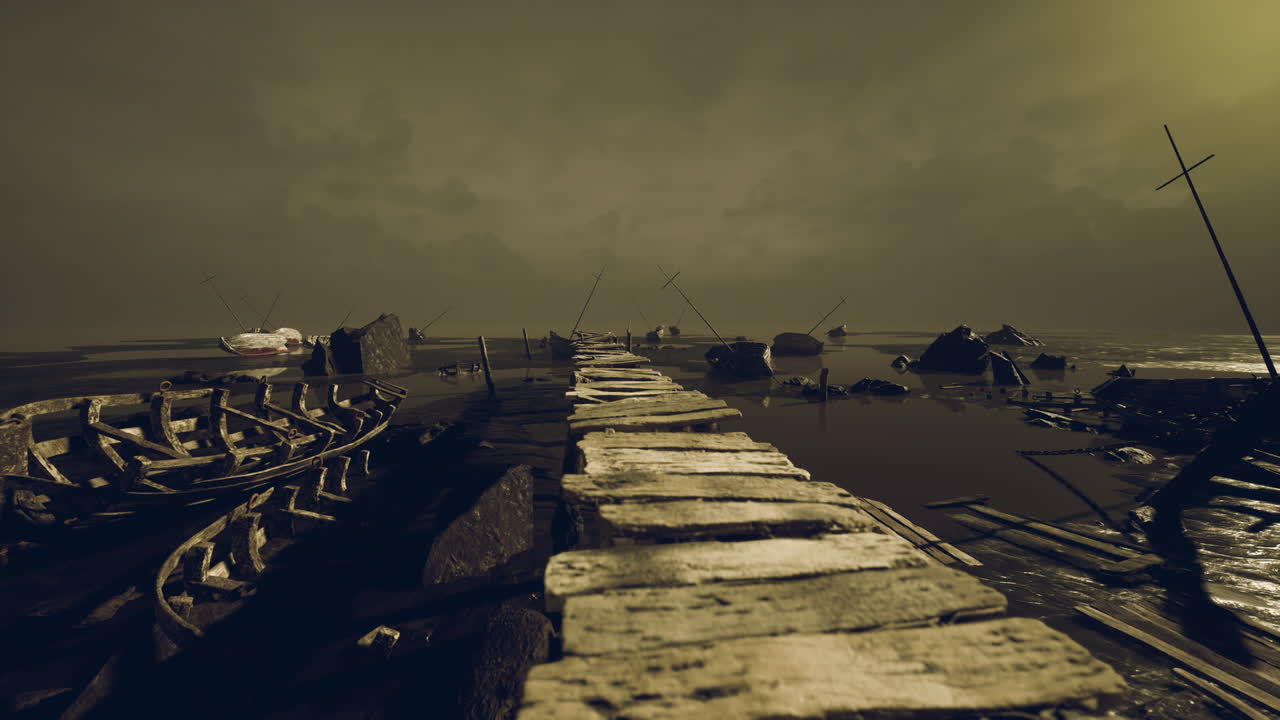 Mysterious abandoned pier under an ominous sky at dusk