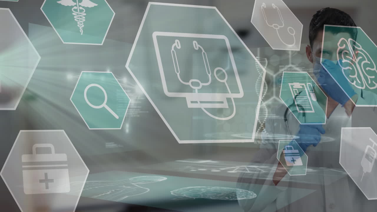 데이터 처리 및 의료 아이콘의 애니메이션 백인 남성 의사