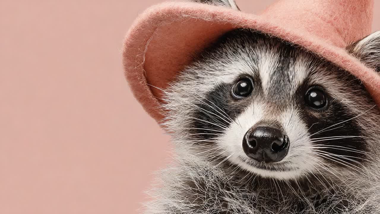 Adorable Raccoon Wearing a Pink Hat: A Charming Portrait Capturing the Playful Personality of This Lovable Animal in a Delightful Close-Up Shot