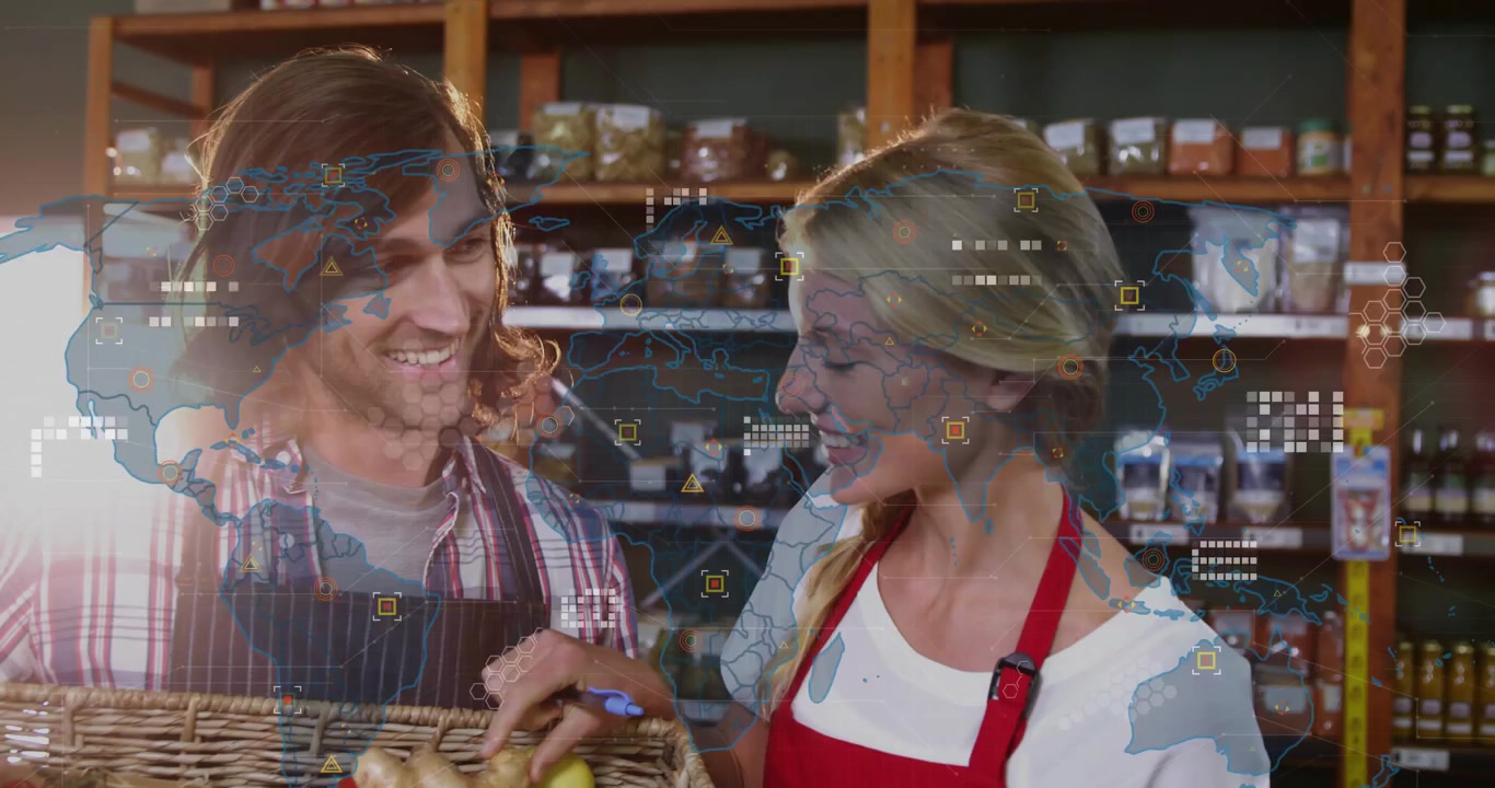 Man and woman inspecting basket of produce in market as digital map overlay animating inventory