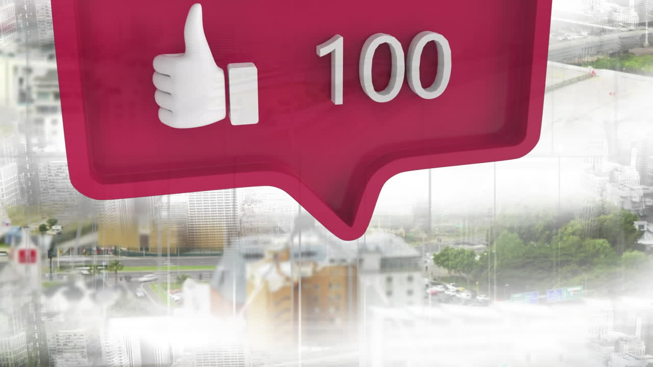 как значок с увеличением числа на красный речевой пузырь против вида городского пейзажа