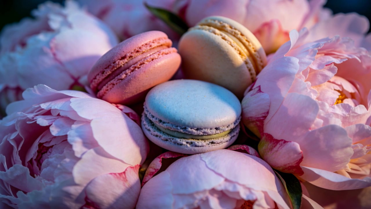 Shifting camera pushing blue macaron closer with three macarons on tabletop showing peony petals