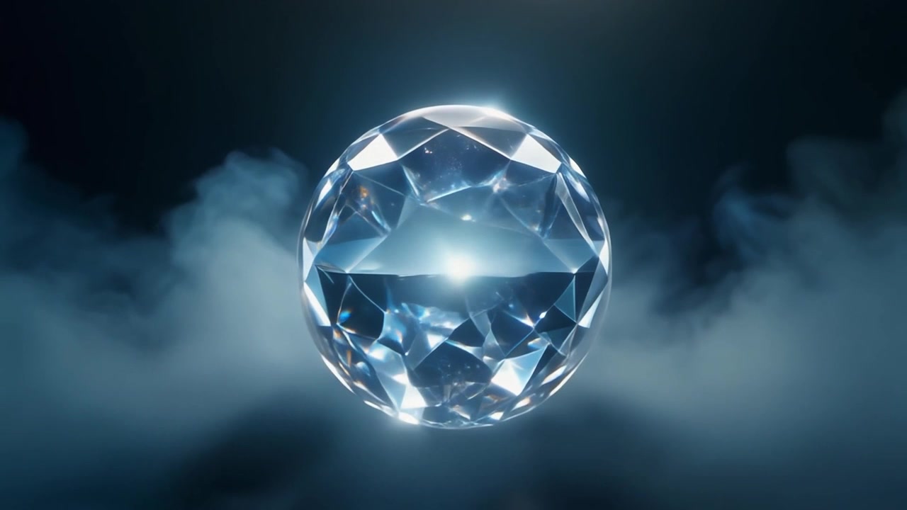 Sfera di Cristallo Sfaccettata Luminosa Circondata da Fumo Atmosferico