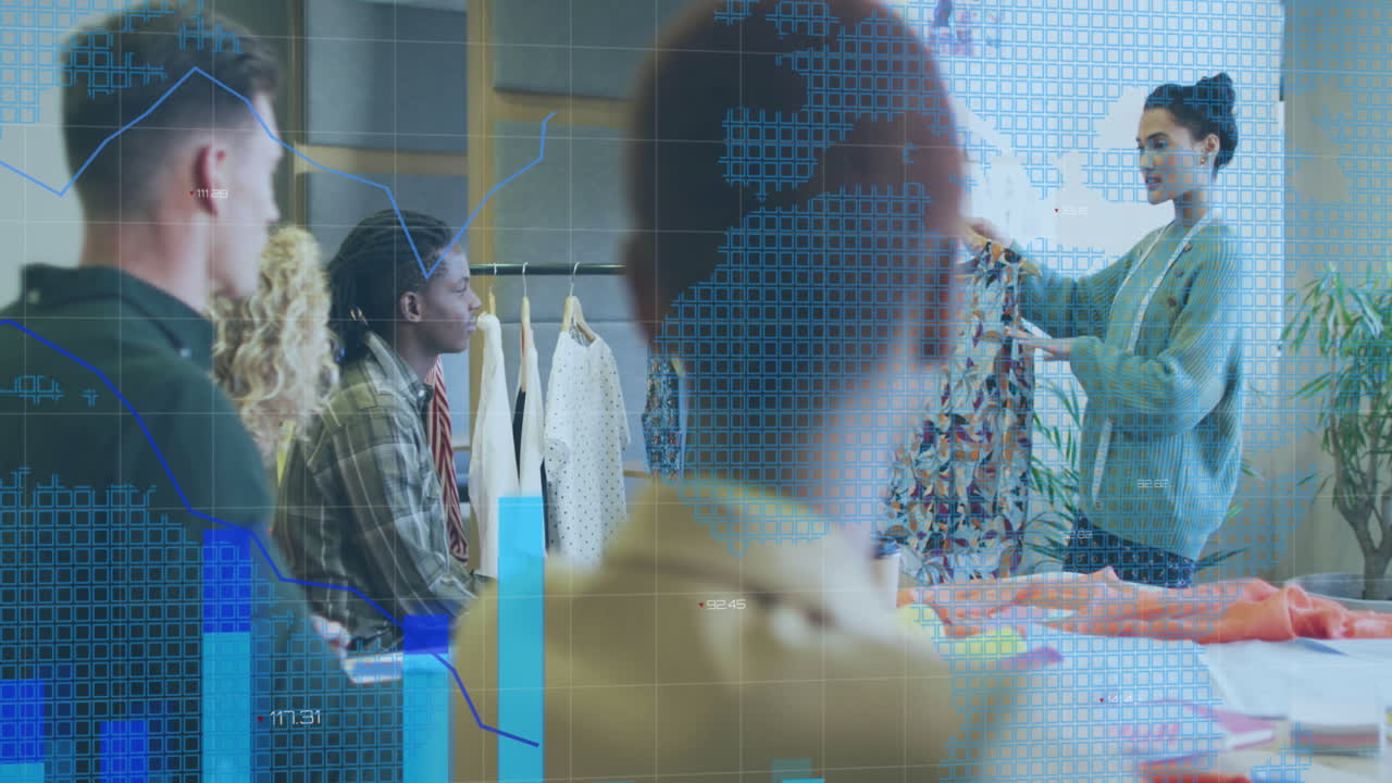 Animation of data processing over diverse business people working in office