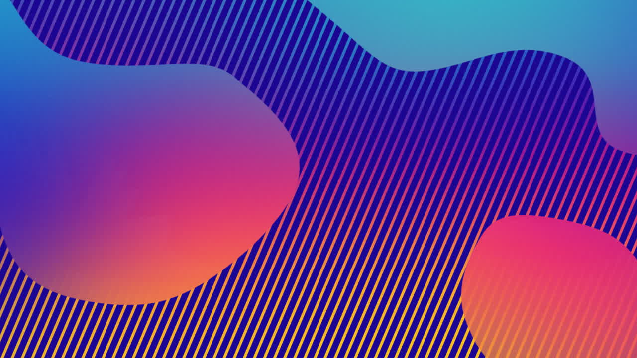 Animation of organically moving pulsating orange and blue shapes on dark purple and orange stripes
