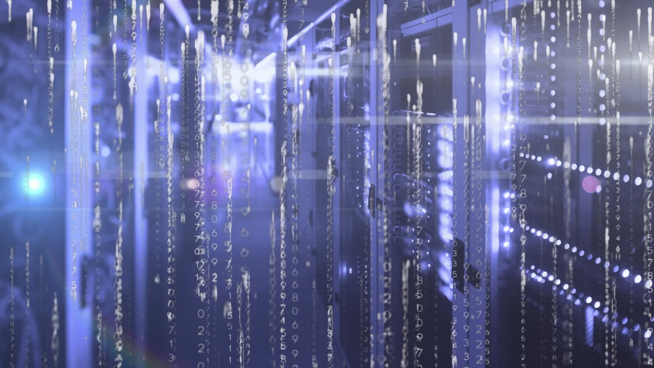 Animation of data processing and light spots over server room