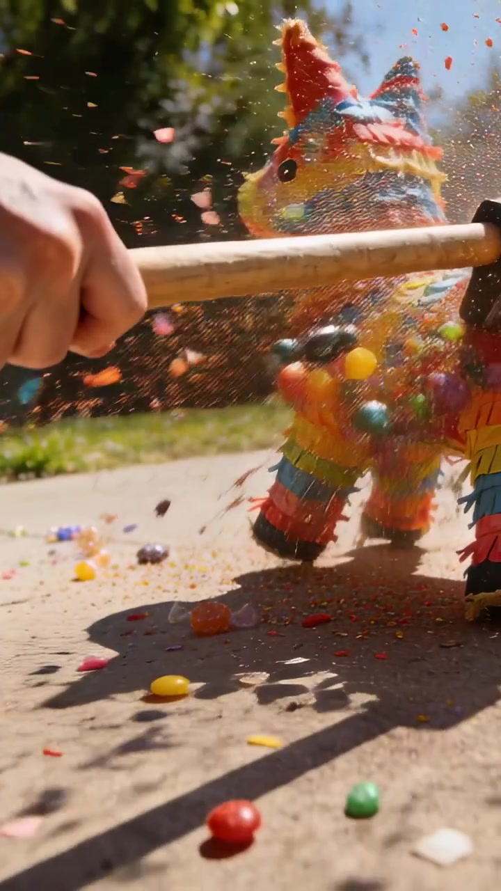 Vídeo vertical: Mão entrando, balançando bastão, atingindo piñata de burro no pátio para doces