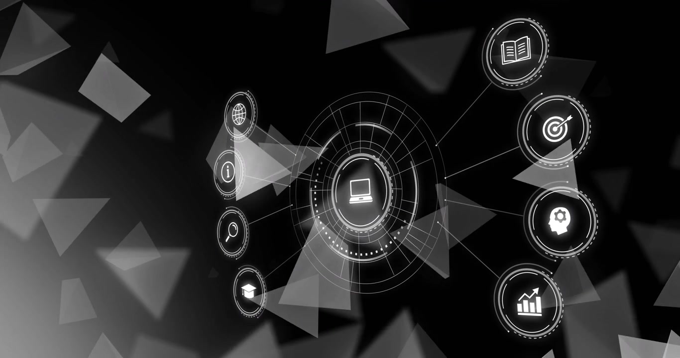 Animation of network of connections with icons on black background