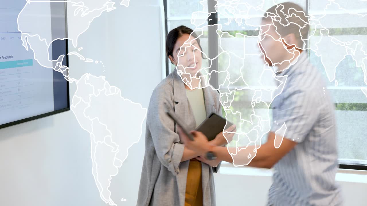 Host starting data brief, pointing to charts in business while world map appearing, taking tablet