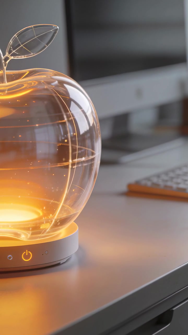 Vidéo verticale : Icône d'alimentation lumineuse, une lampe en forme de pomme émettant une lueur chaude sur le clavier du bureau, avec espace pour le texte.