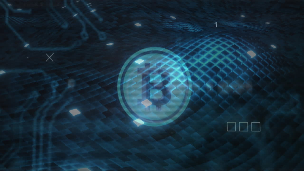animación del símbolo de bitcoin sobre procesamiento de datos y formas en fondo negro