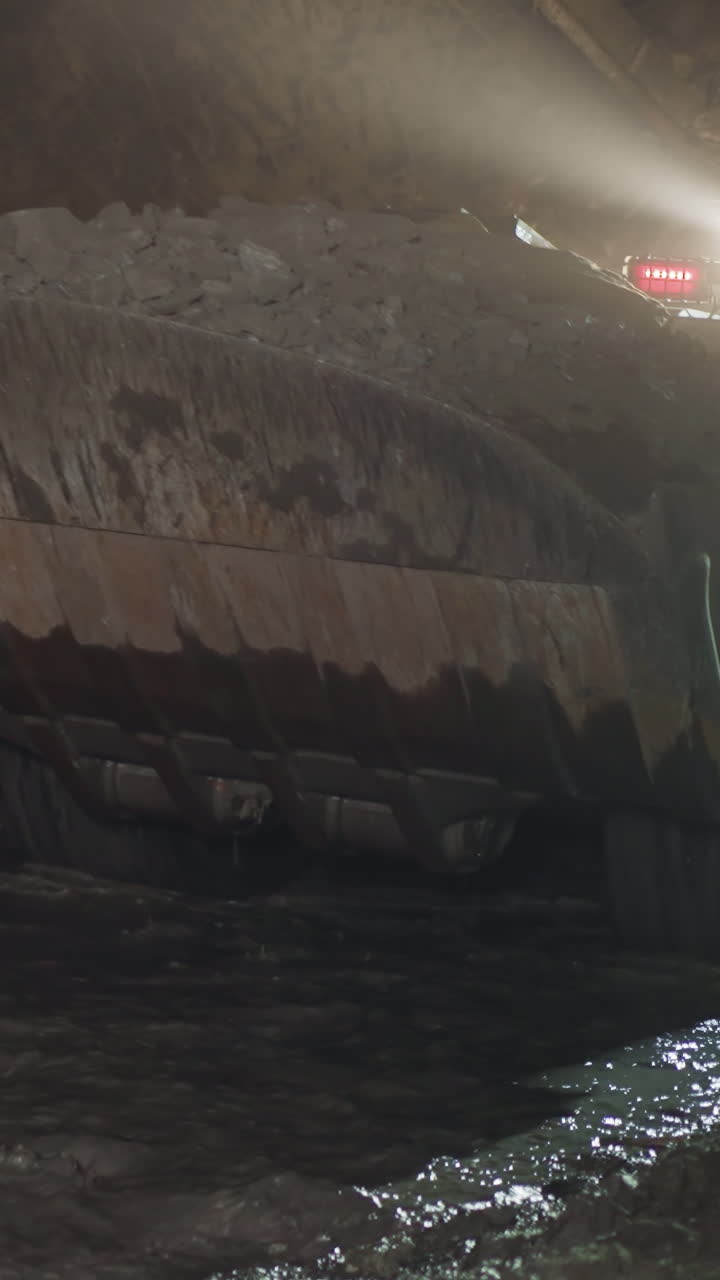 Heavy mining machinery moves on dirty path washed with cold water. Vehicle transports heap of ore in dipper illuminating way with bright light closeup
