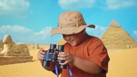 Boy Exploring Ancient Egypt with Binoculars