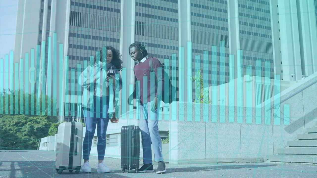 Travel duo walking, movement causing teal bars growing over bags while checking itinerary on phone