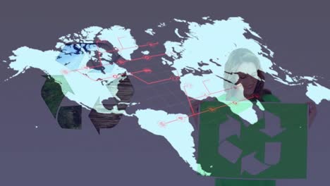 Animación-Del-Mapa-Mundial-Sobre-Una-Mujer-Caucásica-Sosteniendo-Un-Símbolo-De-Reciclaje-Sobre-Fondo-Blanco