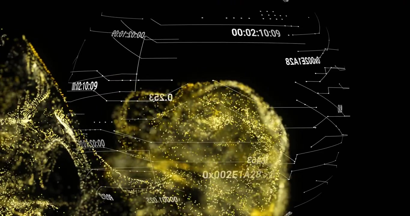 Flusso dorato che emerge vorticando in una nuvola attorno a una sfera rotante, aggiornando codici e mostrando la fusione dei dati