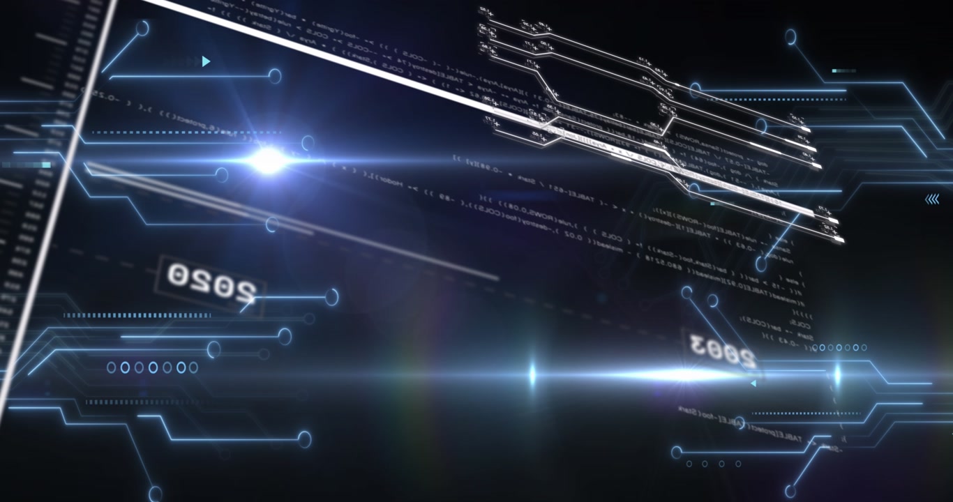 Animation of numbers, flying lens flare, circuit board and computer language over black background